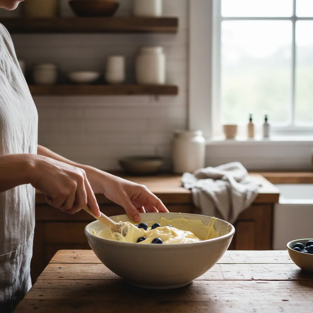 Wooden spoon folding fresh blueberries into thick cake batter.