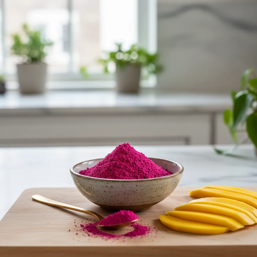 Pink pitaya powder in ceramic bowl for DIY refresher recipe