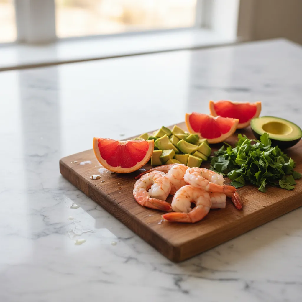 Close up of red grapefruit, shrimp, and avocado ingredients on a marble kitchen counter