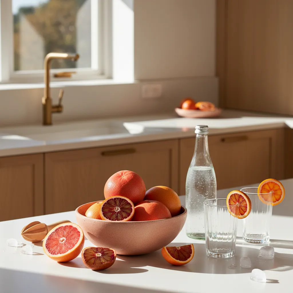 Kitchen counter with fresh grapefruit and blood oranges for mocktails