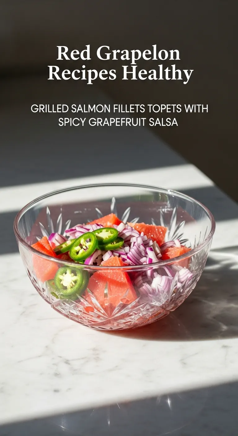 Bowl of chopped red grapefruit salsa ingredients on a marble counter