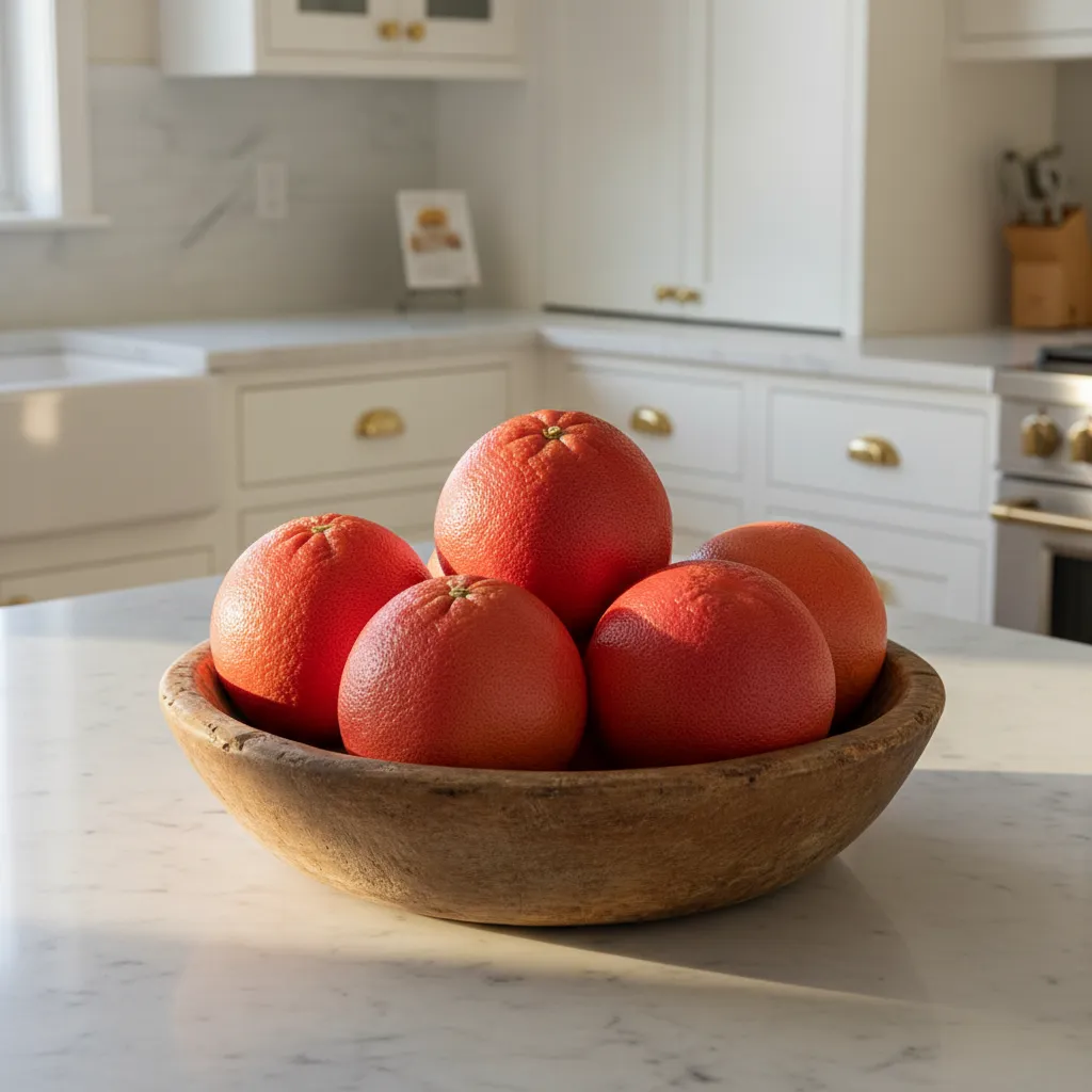 Ruby red grapefruits arranged in a rustic wooden bowl on a marble kitchen island