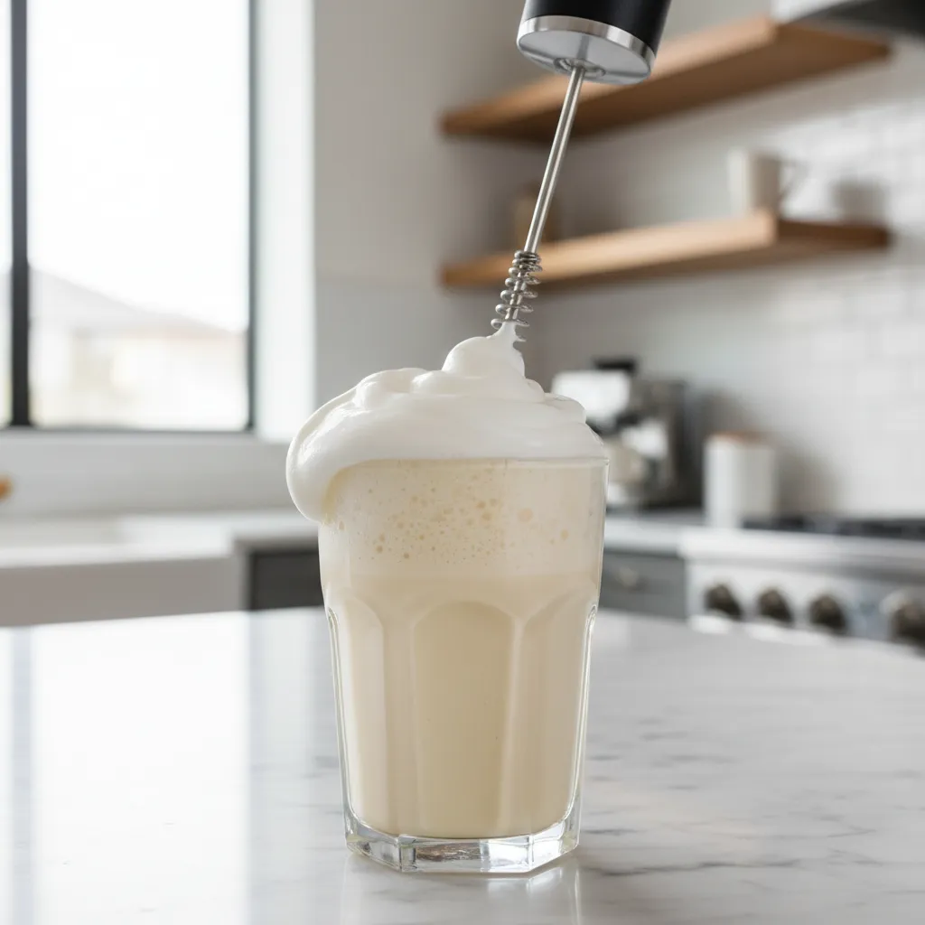 Electric frother creating foam in a premier protein shake