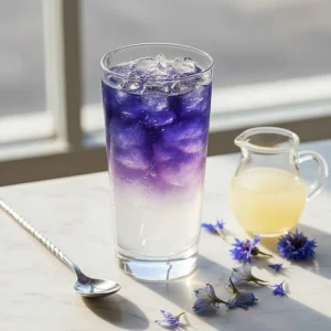 A highball glass filled with crushed ice showcasing a color-changing gradient from indigo to violet for fun drinks to make at home.