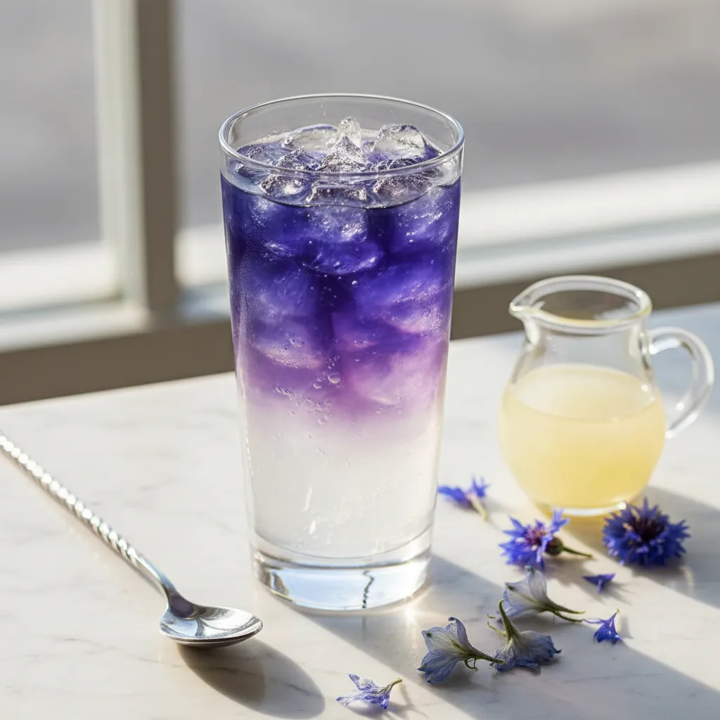 A highball glass filled with crushed ice showcasing a color-changing gradient from indigo to violet for fun drinks to make at home.