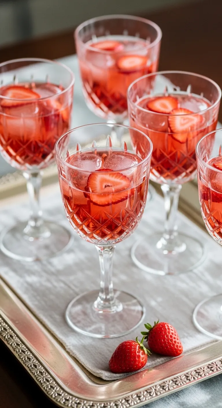 Crystal glasses with pink sangria and strawberry garnishes on a silver tray