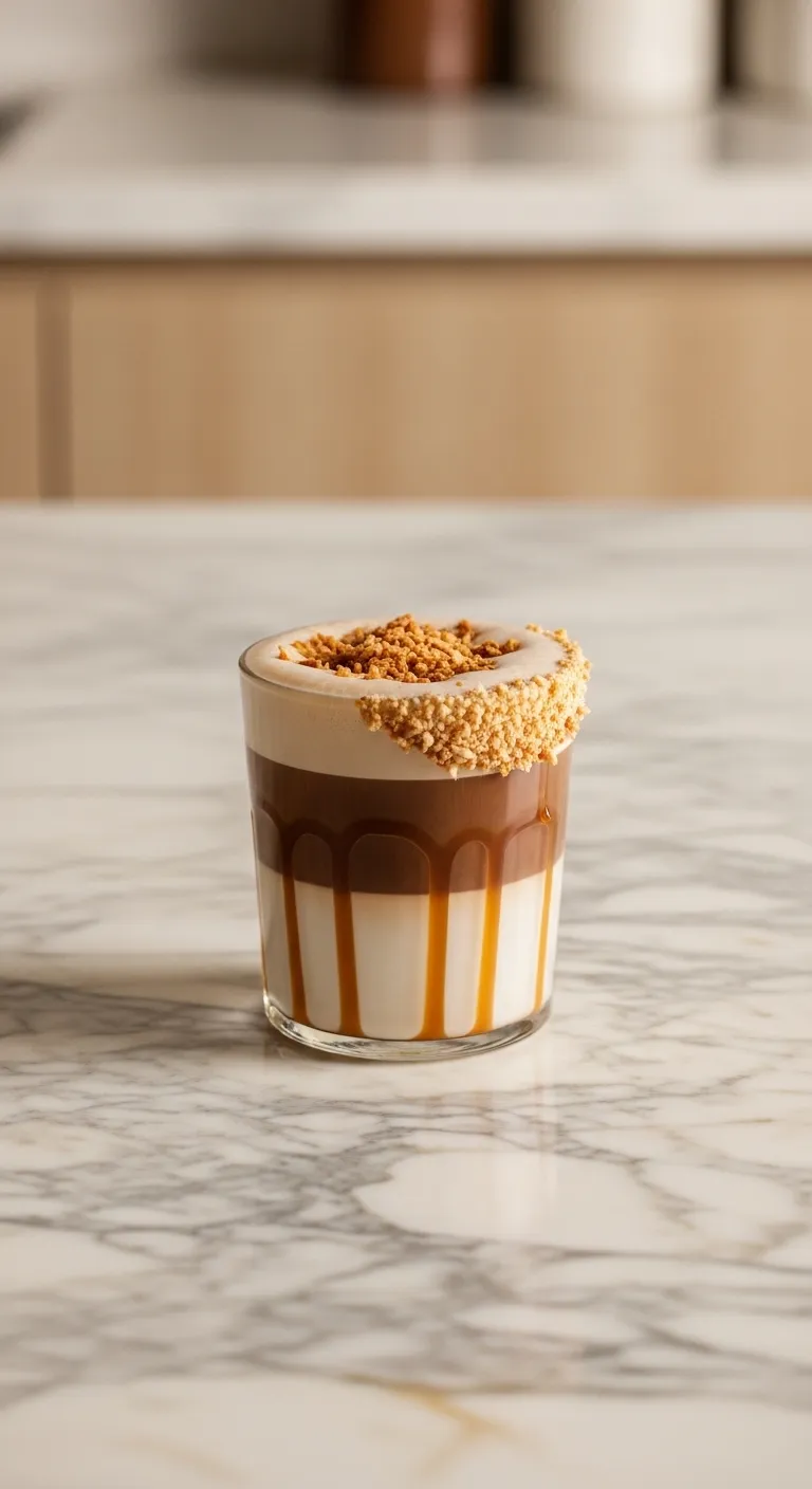 German chocolate coffee drink styled on a marble counter with caramel and coconut textures