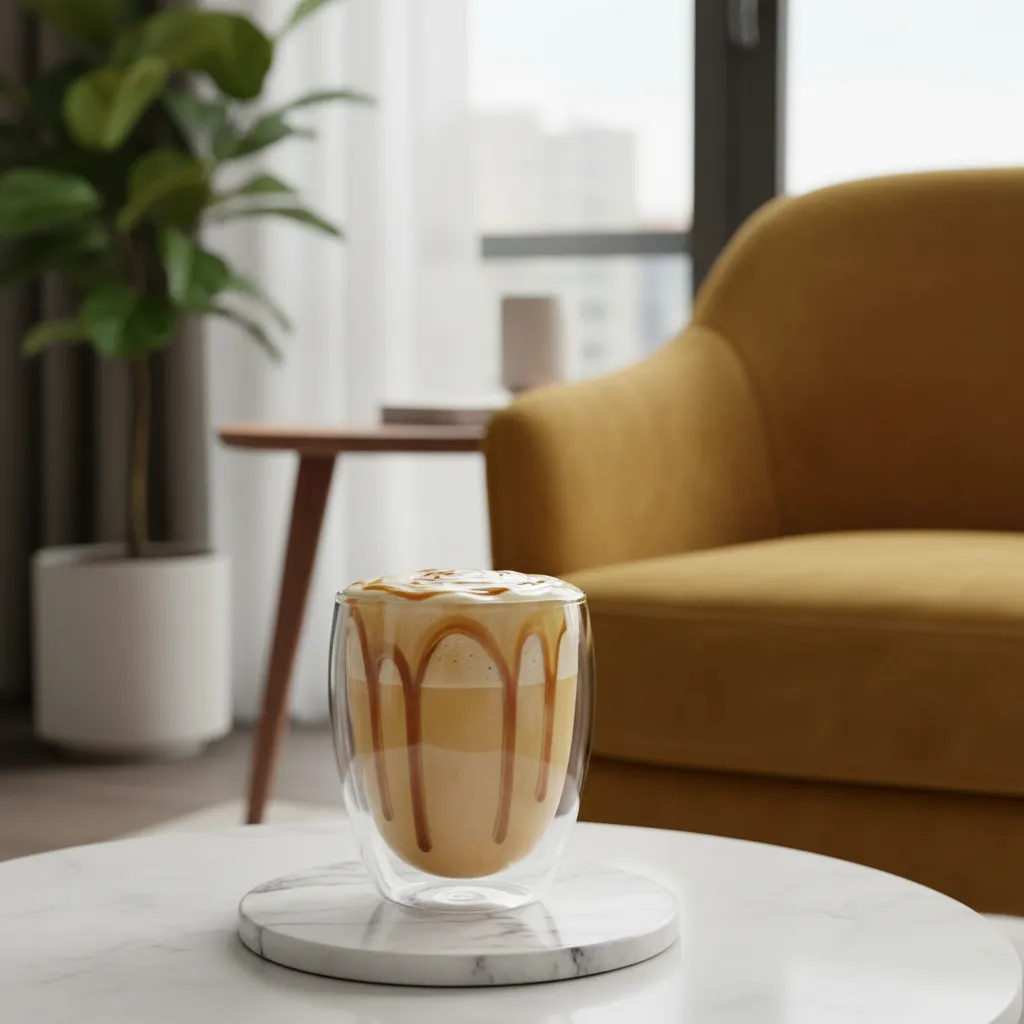 Creamy vanilla and caramel breve coffee served in a modern living room setting
