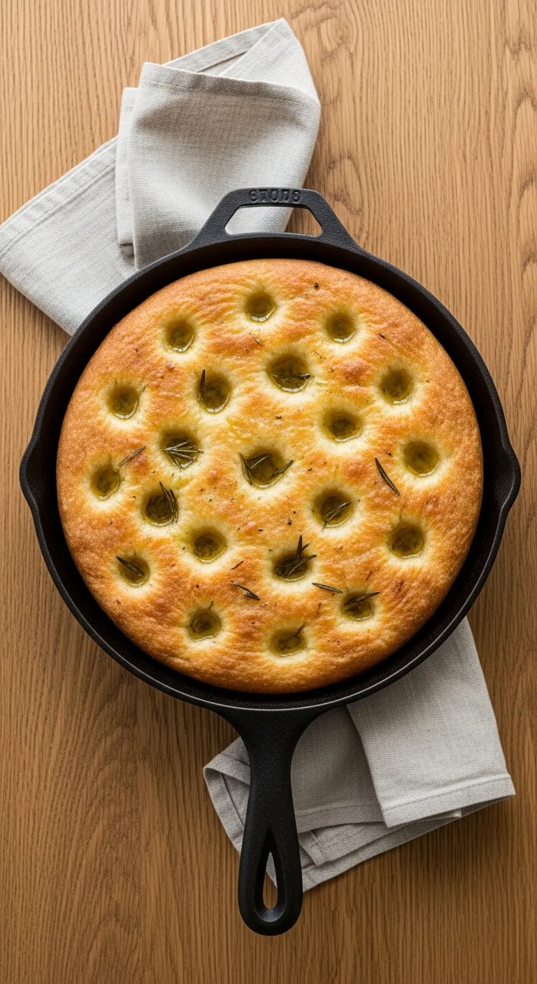 Golden sourdough focaccia bread with olive oil pockets and rosemary herbs in a rustic skillet