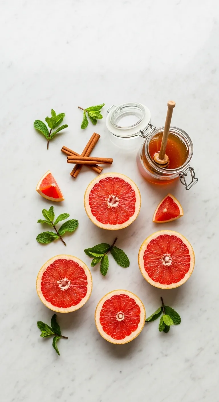 Flat lay of red grapefruit, honey, and cinnamon on marble surface