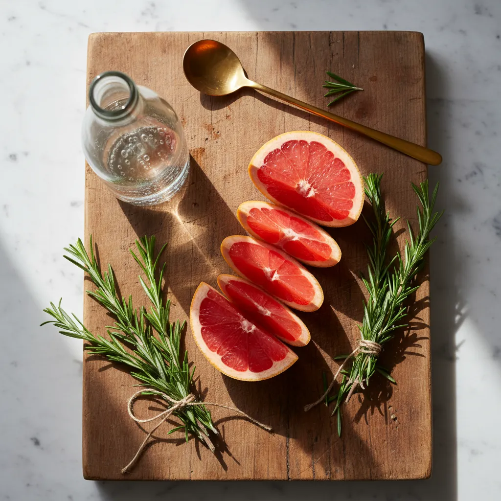 Flatlay of red grapefruit slices and rosemary on a wooden board