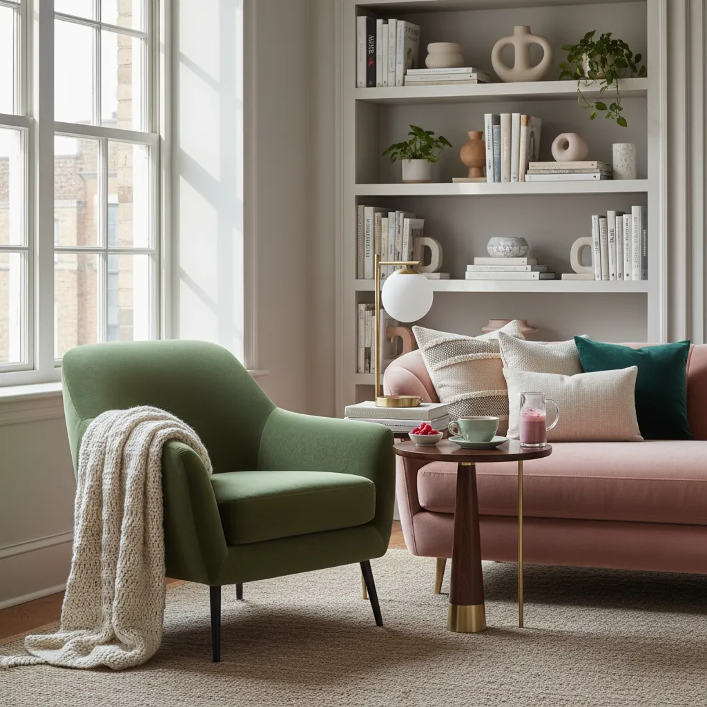 Interior design showing a mix of green and pink textures in a cozy nook.