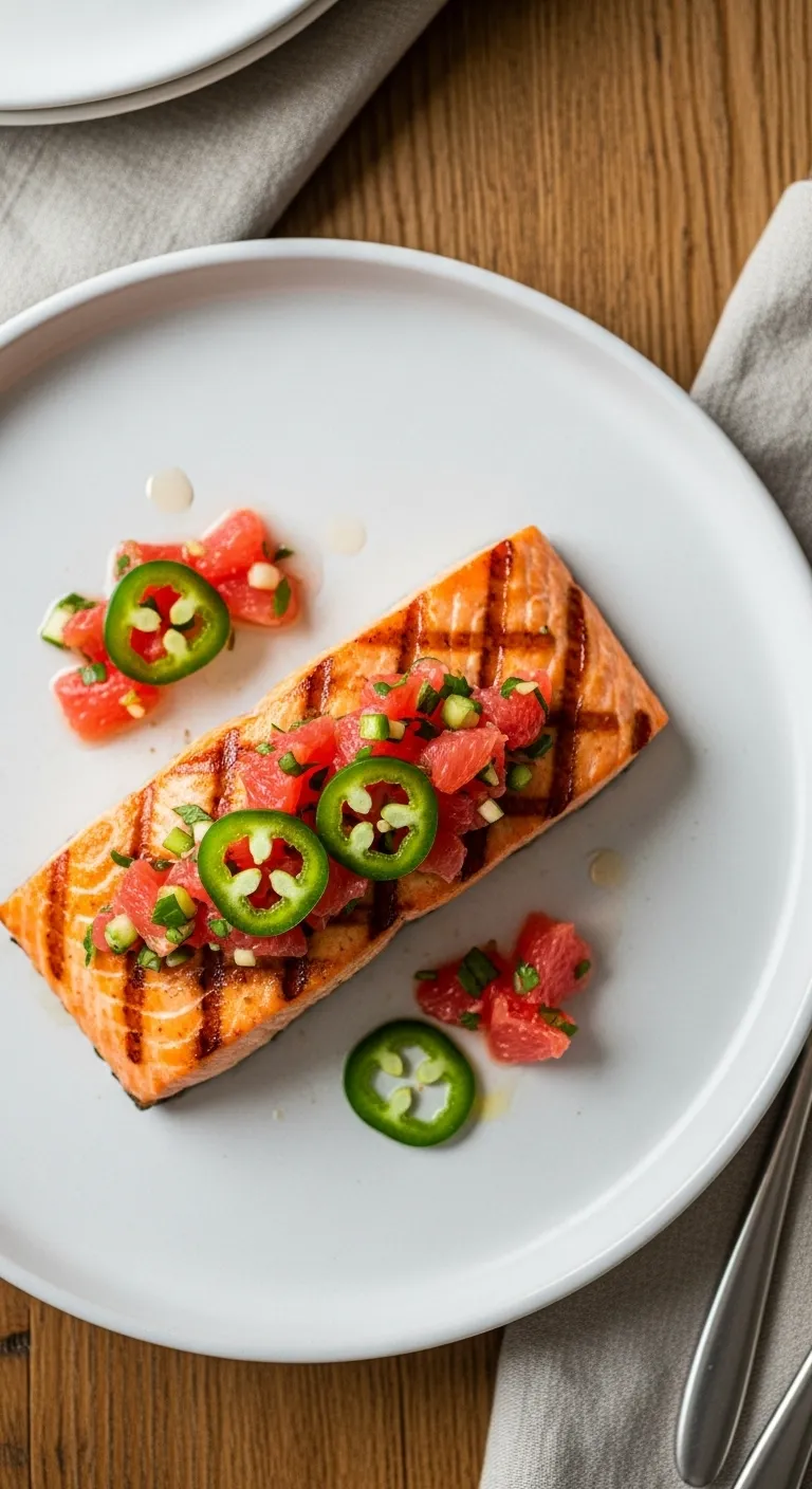 Grilled salmon fillet topped with fresh red grapefruit salsa on a rustic dining table