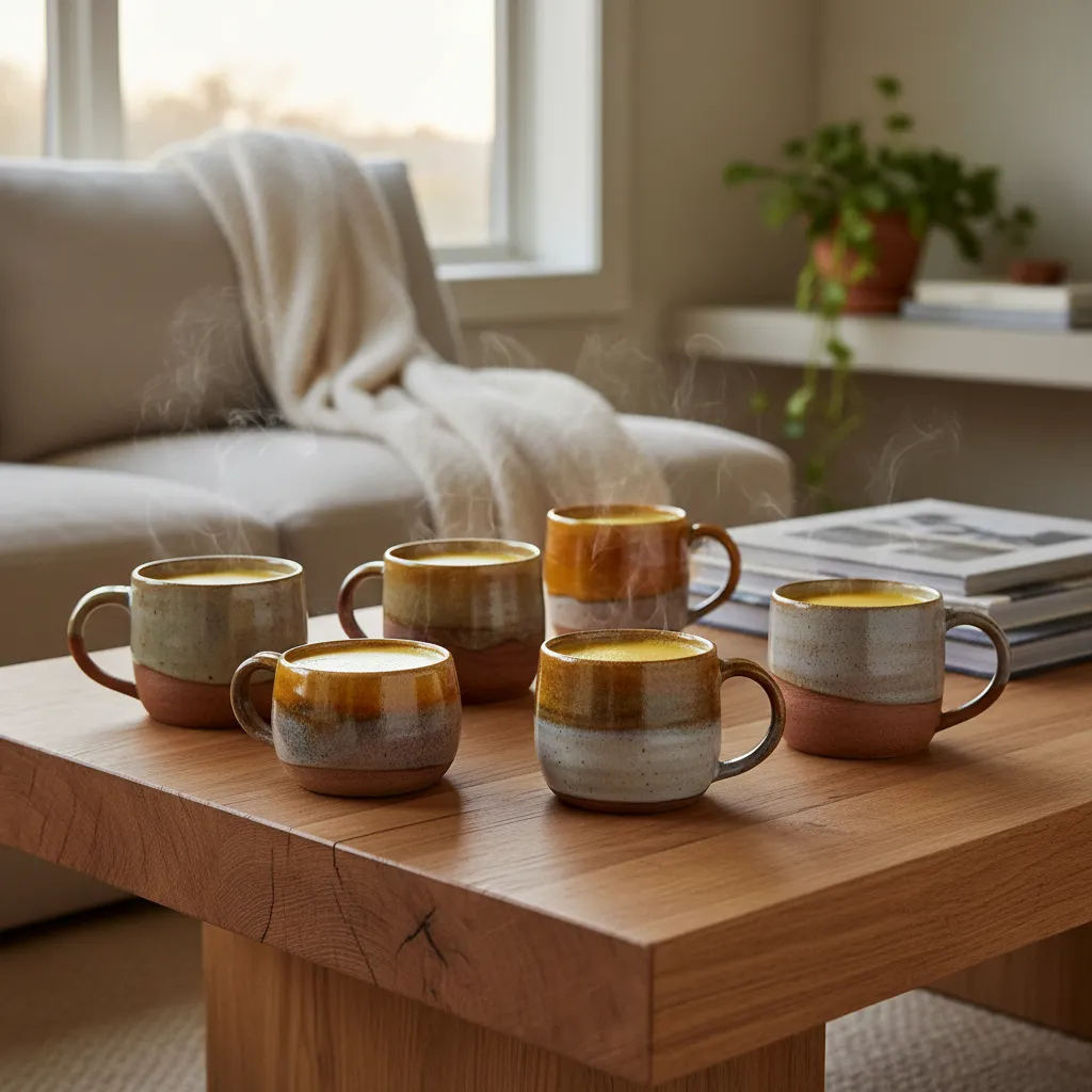 Handmade ceramic mugs with earthy glazes and stoneware texture on an oak table