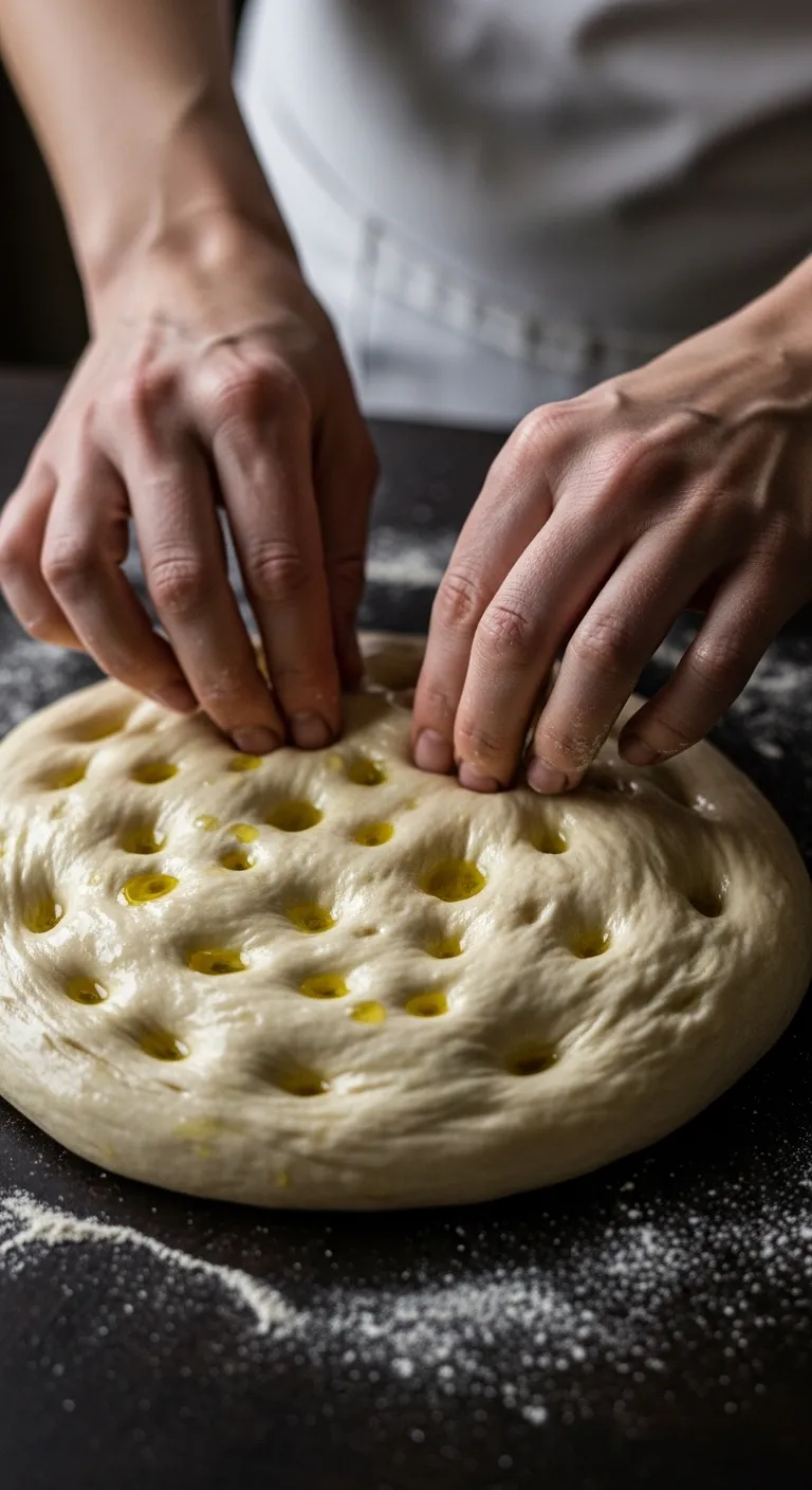 Baker hands pressing dimples into glossy olive oil covered sourdough focaccia dough