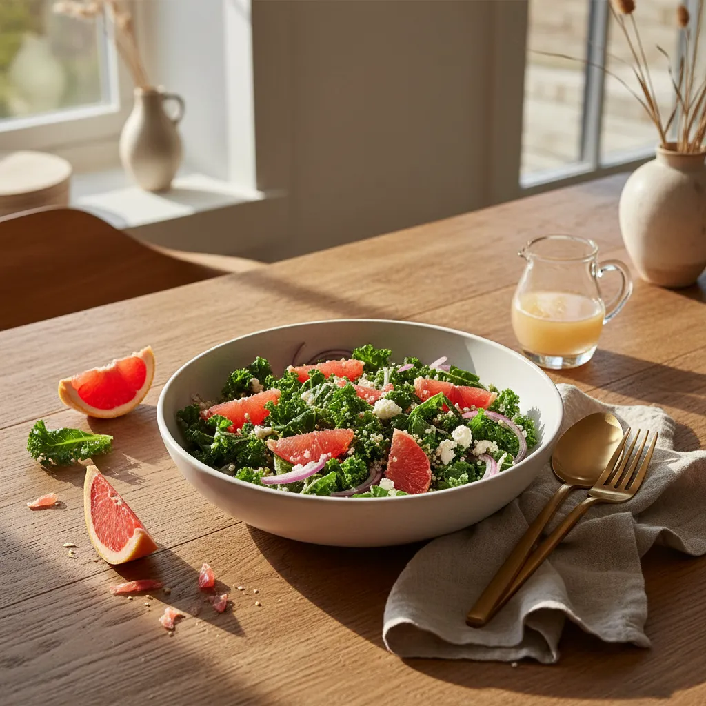Overhead view of kale and grapefruit salad in a ceramic bowl on a wooden table