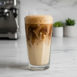 Swirling espresso mixing with creamy protein shake in a glass for Healthy Premier Protein Coffee Recipes.
