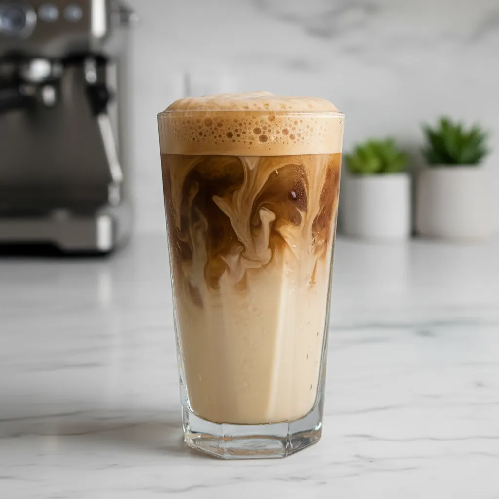 Swirling espresso mixing with creamy protein shake in a glass for Healthy Premier Protein Coffee Recipes.