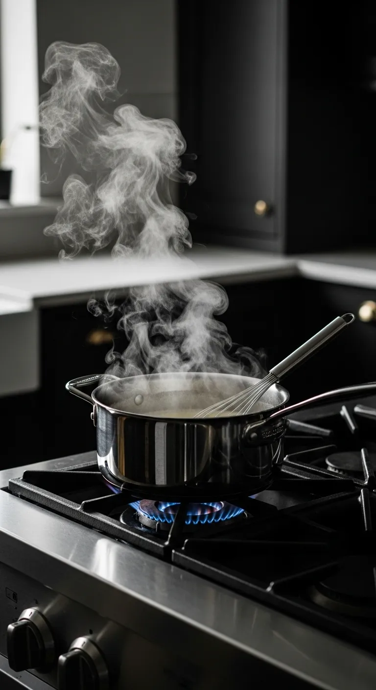Stainless steel pan warming cream mixture on a stove