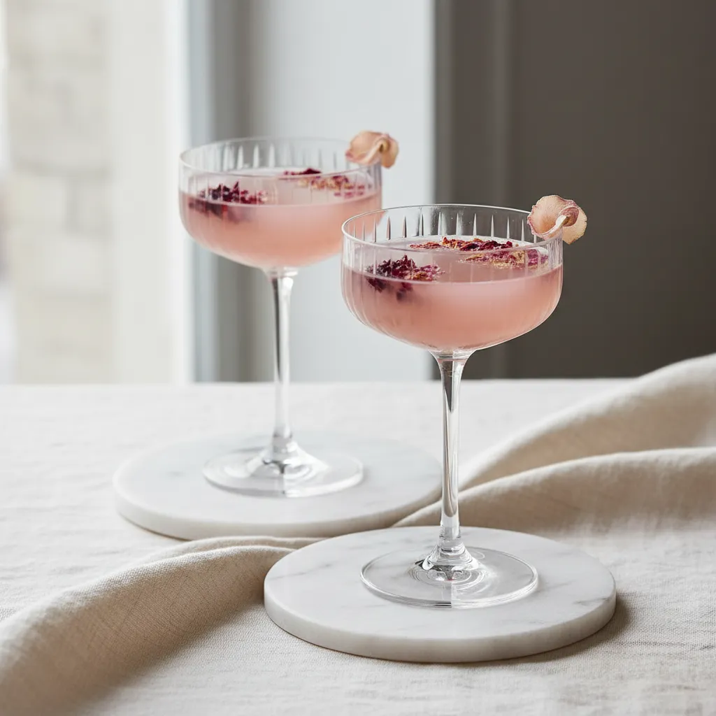 Pale pink hibiscus rose mocktail in a crystal coupe glass on a marble coaster
