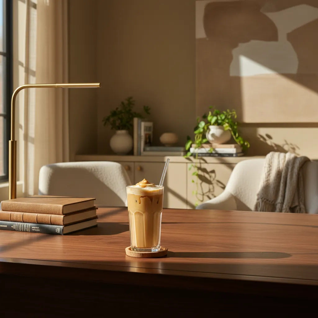 Iced coffee on a dark wood desk in a sunlit home office