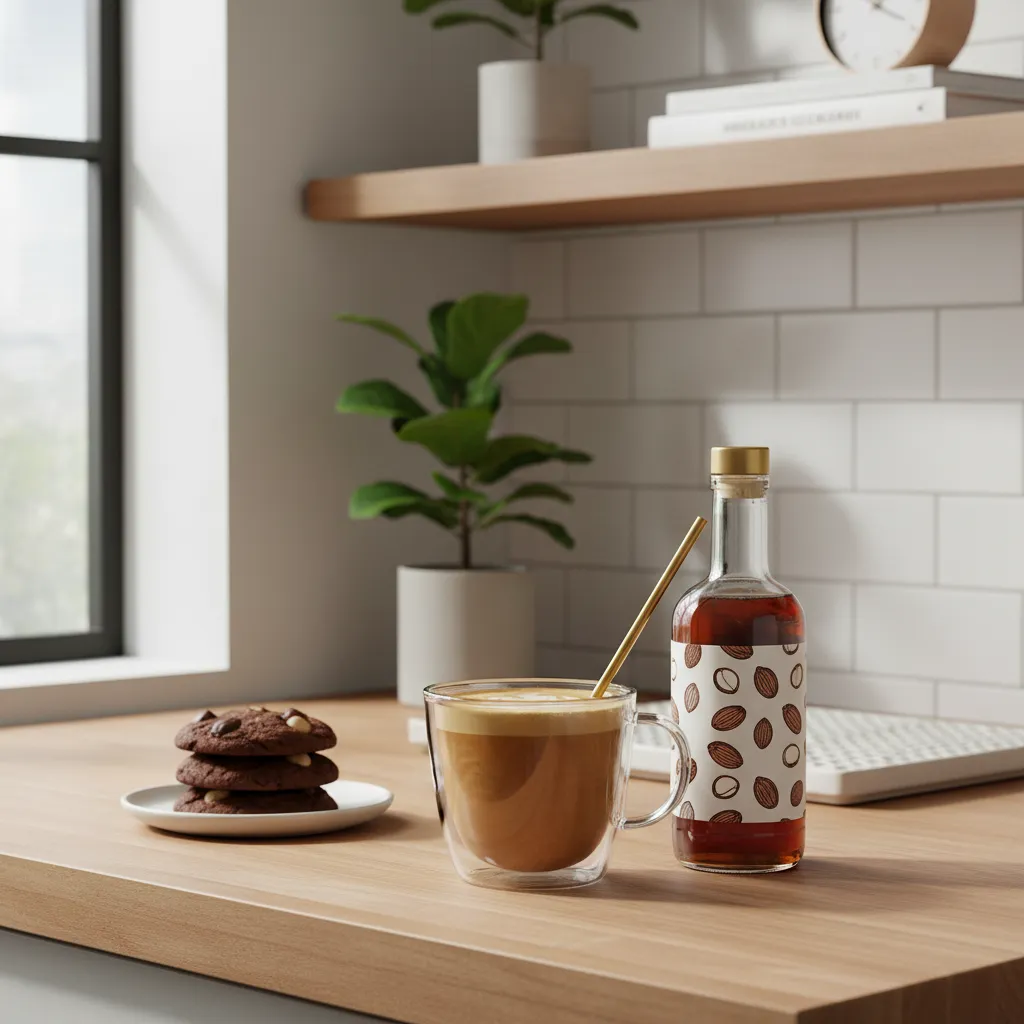 Glass mug with chocolate macadamia nut breve on a marble countertop