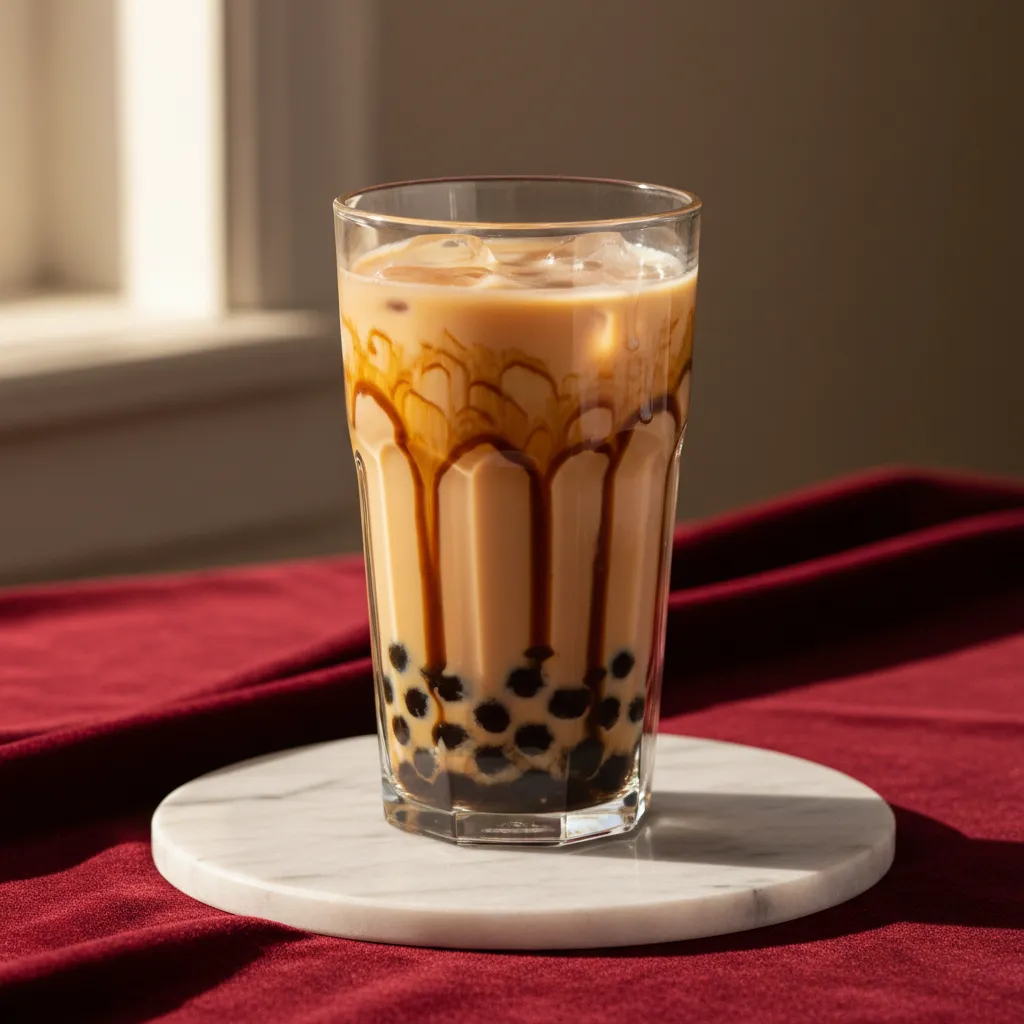 Glass of brown sugar boba milk tea with tiger stripes on a marble coaster