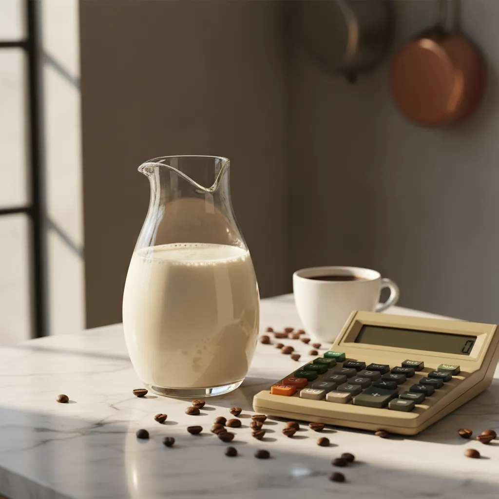 Glass carafe of heavy cream coffee creamer on marble counter for cost analysis
