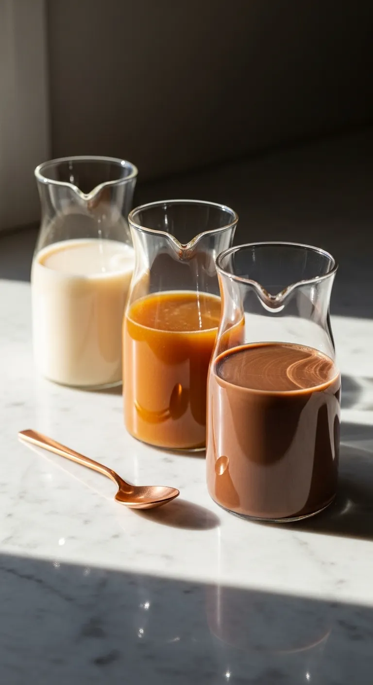 Three glass carafes of homemade coffee creamer in vanilla, caramel, and mocha flavors on a marble counter