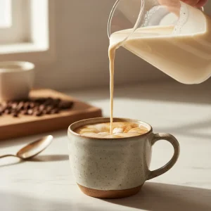 A smooth pour of homemade creamer for coffee heavy cream mixture from a glass jar into a hot cup of coffee on a marble counter.