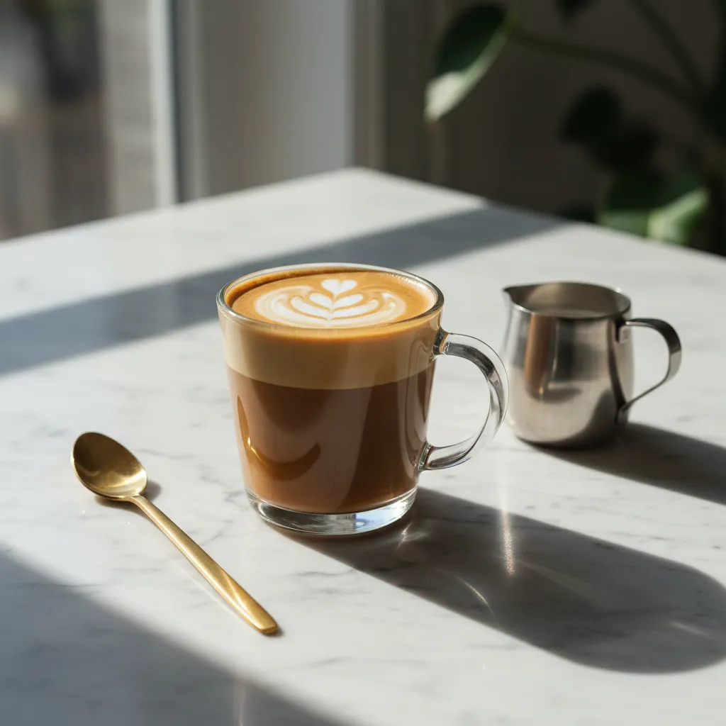 Layered Irish cream breve coffee in a glass mug on a marble counter