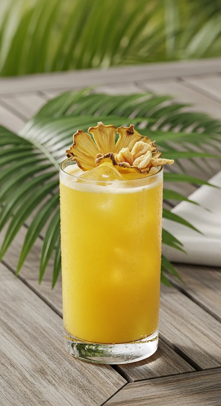 Bright yellow homemade pineapple passionfruit refresher in a highball glass on a teak table with tropical greenery background