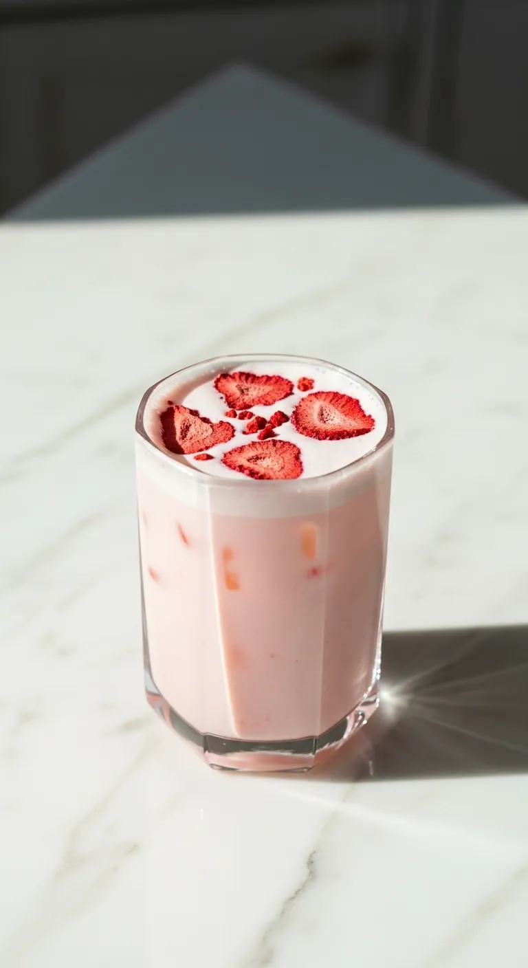 creamy pink coconut milk refresher with strawberries in a luxury kitchen setting
