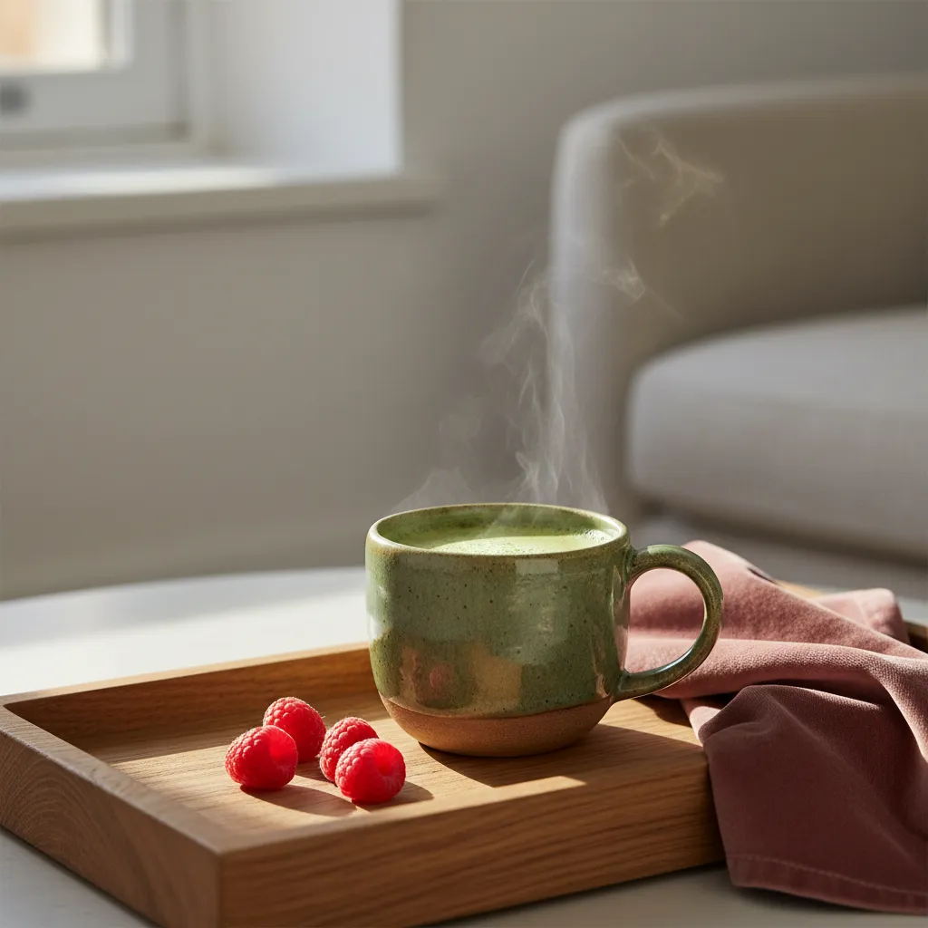 A hot matcha tea latte with raspberry on a rustic wooden tray in a sunlit kitchen.