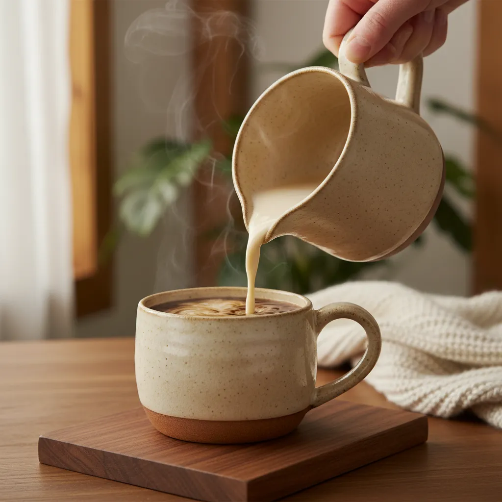 Pouring vanilla protein shake into hot coffee in a ceramic mug on a wooden table
