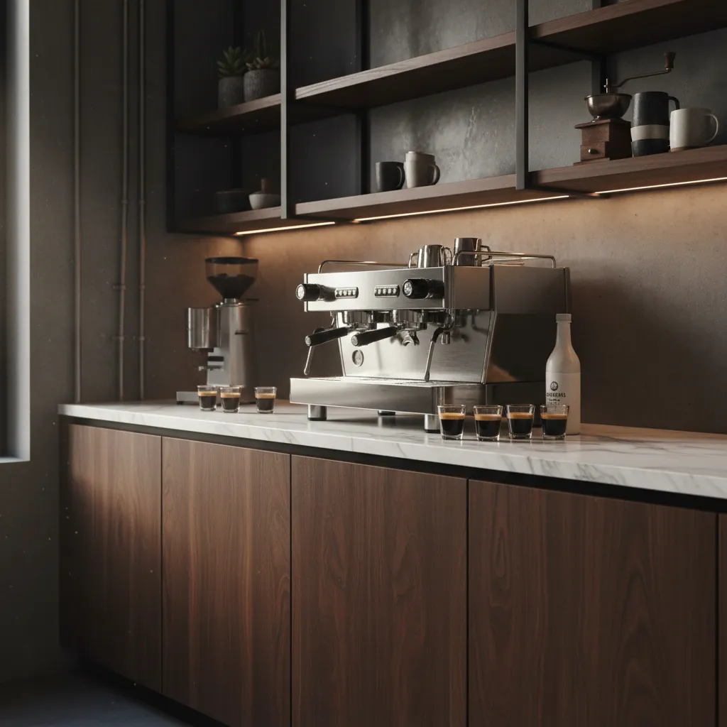 Dark walnut coffee station with white marble counters and espresso machine