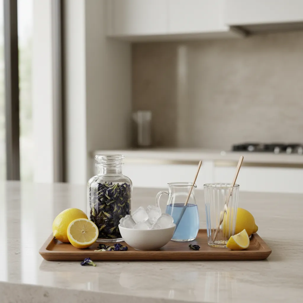 Dried butterfly pea flowers and fresh lemons arranged on a wooden serving tray