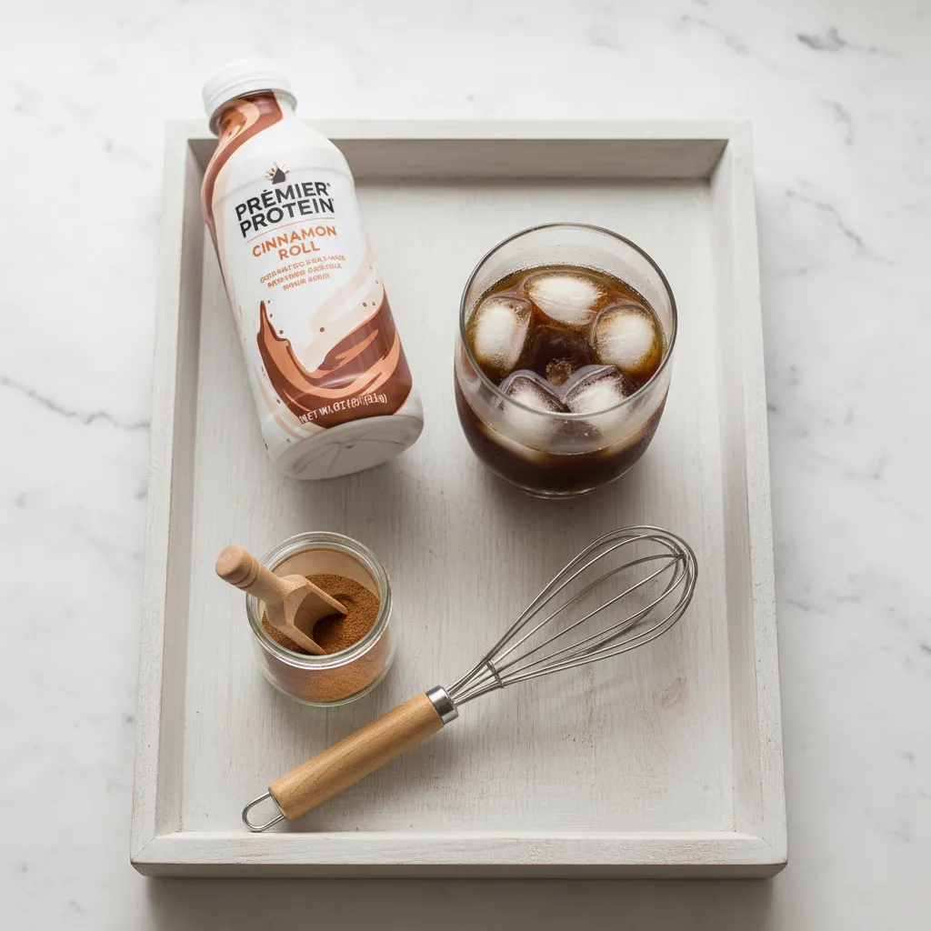 Flat lay of cinnamon protein coffee ingredients on wooden serving tray