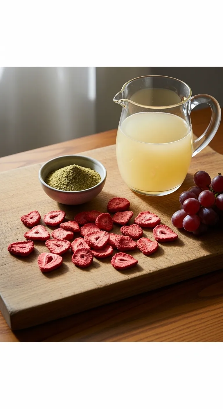 Green coffee extract, freeze-dried strawberries, and grape juice arranged on a wooden board