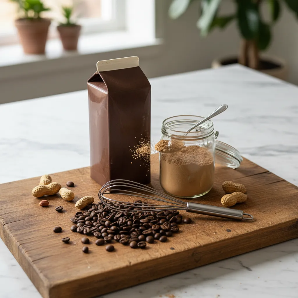 Flat lay of chocolate protein shake, peanut butter powder, and espresso beans on wood