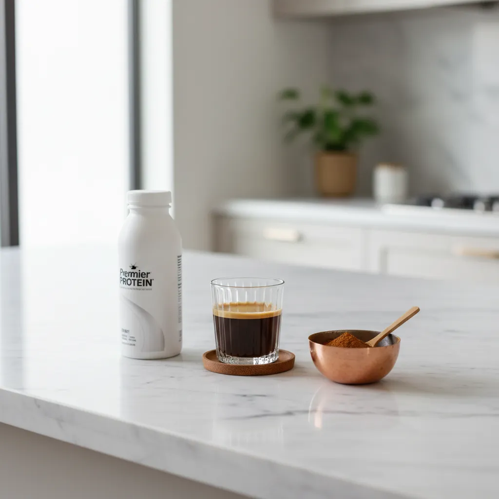 White marble countertop displaying Premier Protein bottle, espresso shot, and cinnamon powder in a copper bowl