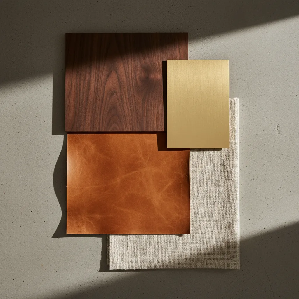 Flat lay of walnut wood cognac leather and gold metal samples
