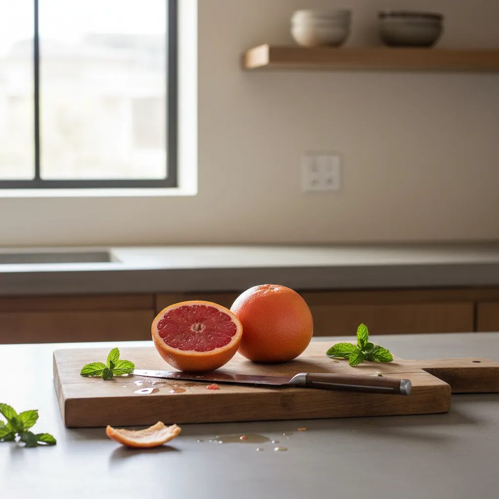 Sharp paring knife and grapefruit on wooden board