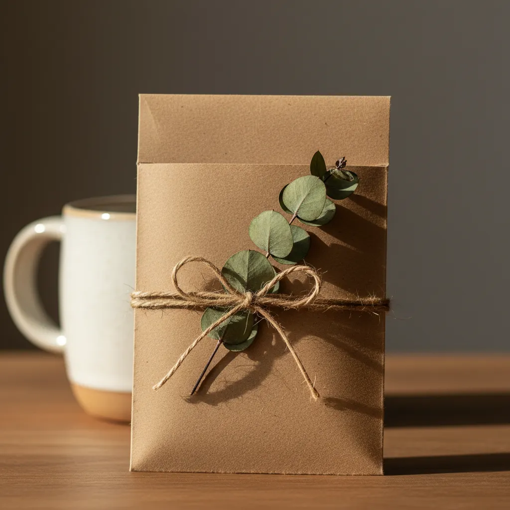 Close up of kraft paper gift sleeve with twine and dried eucalyptus