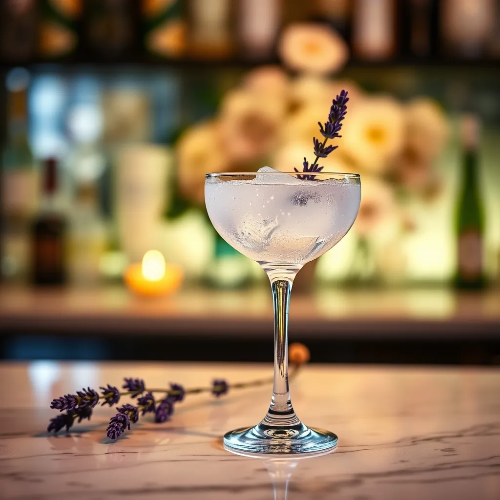 Elegant lavender gin fizz cocktail in a crystal coupe glass with floral garnish