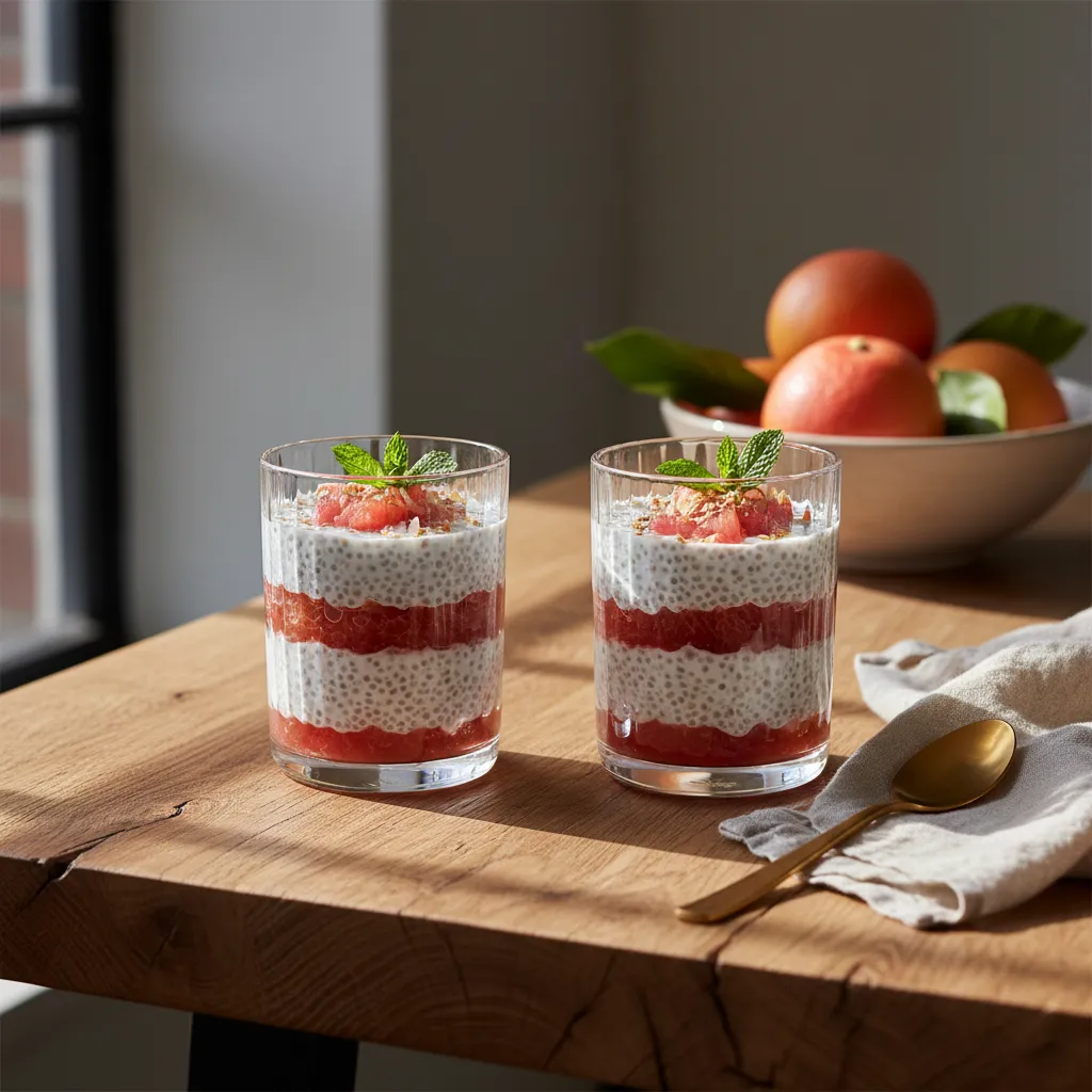 Layered chia seed pudding with red grapefruit compote in fluted glass on a wooden table
