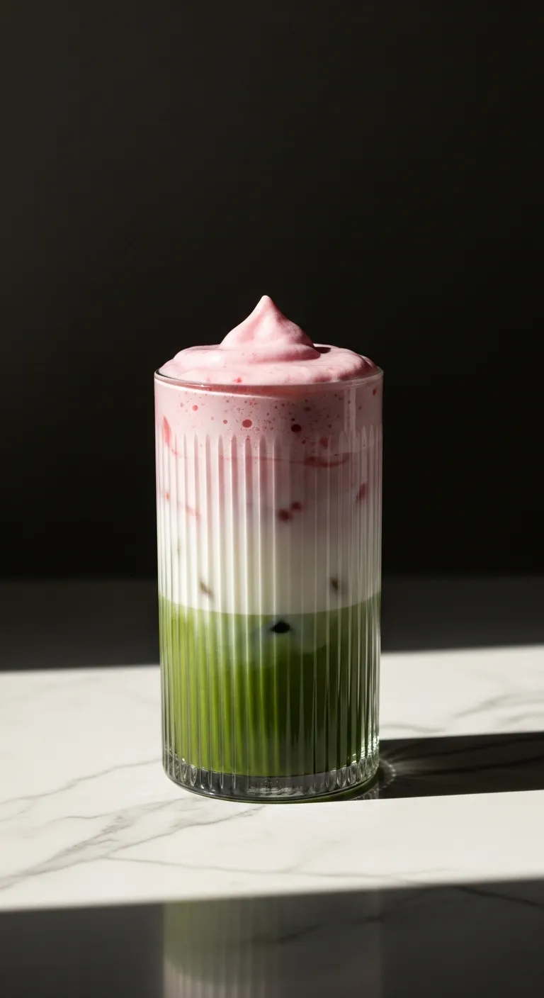 layered pink strawberry matcha latte in a fluted glass on marble counter