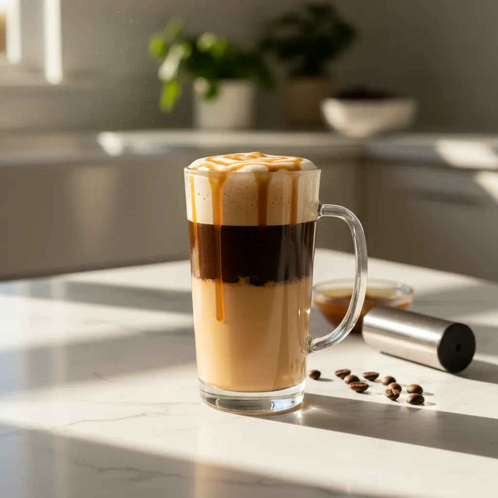 Layered skinny caramel macchiato in a glass mug on a luxury kitchen island