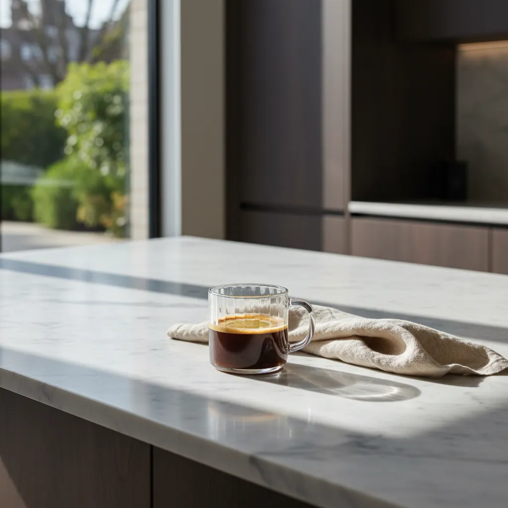 Clear glass mug of lemon black coffee on a marble kitchen island in morning light