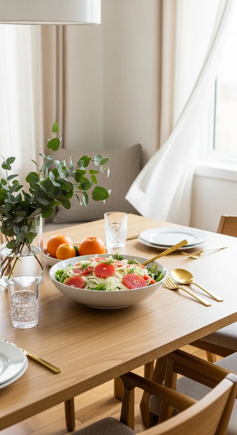 Modern dining table set with healthy grapefruit salad and brass flatware